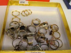 Tray of modern silver and other costume dress rings including opal, lapis, examples