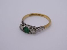 18ct yellow gold emerald and diamond ring with square cut emerald and round cut diamonds, size P