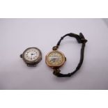 Antique 9ct yellow gold cased watch on black leather strap, case marked 375, and a silver 'Damira' w
