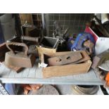Selection of tools including wooden plains, bowls, vice and vintage hand tools