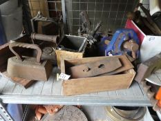 Selection of tools including wooden plains, bowls, vice and vintage hand tools