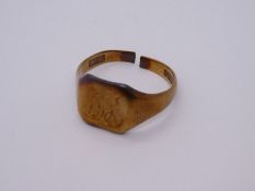 9ct yellow signet ring AF, cut, marked 375, with inscription to reverse, 4.1g approx