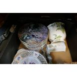 Two boxes of mixed collectable china including collectors plates tankards, etc and paperweight