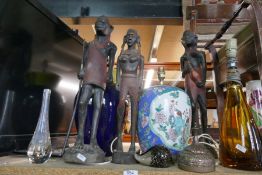 Three African carved figures, china and sundry