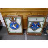 Two similar leaded glass illuminated displays, possibly from a Royal Navy Mess