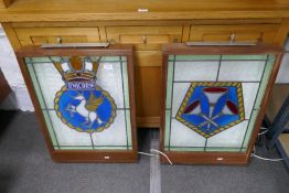 Two similar leaded glass illuminated displays, possibly from a Royal Navy Mess