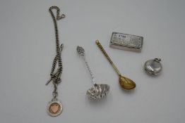 A silver Sovereign case, silver Albert chain, silver Sifter spoon and a small trinket box, also with