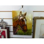 A large ceramic glazed tile, decorated with a good looking bay horse with a white flash