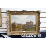 A late 19th century, oil of figures beside river and bridge, signed Whitingstal, 44.5 x 29cm