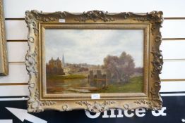 A late 19th century, oil of figures beside river and bridge, signed Whitingstal, 44.5 x 29cm