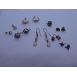 Collection of 9ct and other metal earrings to include, amethyst, turquoise, sapphire and diamond chi