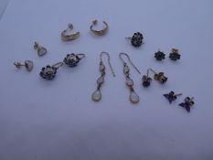 Collection of 9ct and other metal earrings to include, amethyst, turquoise, sapphire and diamond chi