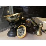 A selection of breweryana items, scales and weights