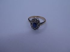 Yellow gold cluster ring with central oval sapphire and surrounded diamonds size L, approx 2.2g, unm