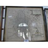 Two vintage maps, look to be hand coloured, one showing part of 'Yorke Shire', and an embroidery Sam