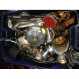 A box of silver plate and other metalware