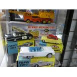 A dinky die cast model of 20 ton crane and 3 corgi cars, all boxed