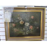 An oil on canvas, depicting a still life of Roses and Lillies in a glass bowl, signed 1962 C. Montef