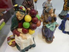 Five Royal Doulton figures to include The Old Balloon Seller, The Orange Lady and Biddy Penny Farthi