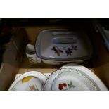 A tray containing Worcester Evesham dinnerware and one other with Wedgwood dinnerware, and a box of