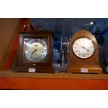 Two wooden cased mantle clocks one marked Seth Thompson the other being a Victorian wooden cased clo