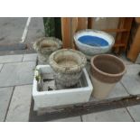 A pair of reconstituted garden urns, a Butlers sink and sundry