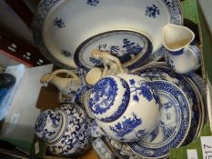 A small tray of blue and white china