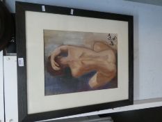 A framed and glazed picture depicting a rear seated facing nude, signed Peter Blake '96