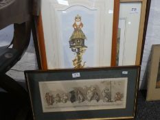 Two limited edition pencil signed prints of curious Cats by Linda J Smith. Two watercolours of tramp