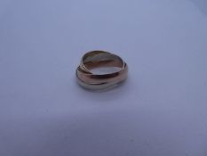 9ct tri colour ring comprising three interlocking rings, marked 375, size K, approx 4g