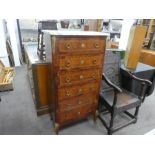 A French 20th century burr walnut veneered pillar chest, having six drawers with gilt metal mounts a