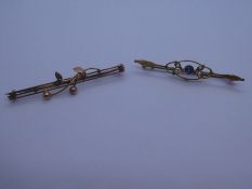 9ct yellow gold 3 bar brooch, and another 9ct yellow gold brooch with central sapphire and seed pear
