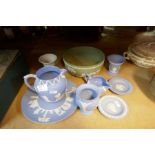 A selection of Jasperware, blue and white, green and white, jugs and dishes