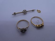9ct yellow gold bar brooch with flower head made with 7 seed pearls, 18ct 3 stone ring, AF, and 9ct
