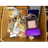 Box of vintage and modern costume jewellery, compact, watches, etc