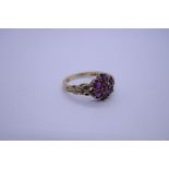 9ct yellow gold ruby cluster ring floral shoulders, marked 375, London, AK, size N, approx 2.7g