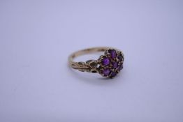 9ct yellow gold ruby cluster ring floral shoulders, marked 375, London, AK, size N, approx 2.7g