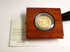 The Royal Mint; the Piedfort Sovereign 2017 Gold Proof coin, with Certificate of Authenticity. Coin
