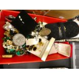 Box of modern and vintage costume jewellery including opal and silver necklace, naval cufflinks, wat