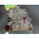 A tray of glassware including 2 Stuart air twist candlesticks and Kilarney crystal