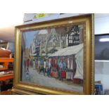 A pair of modern oils depicting a Market street scene, Salisbury, by Rhys Jenkins, each 59 x 49cms