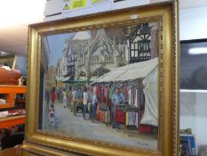A pair of modern oils depicting a Market street scene, Salisbury, by Rhys Jenkins, each 59 x 49cms