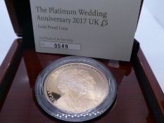 The Royal Mint' The Platinum Wedding Anniversary 2017 UK £5 Gold Proof coin, with Certificate of aut