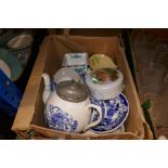 A small box of china including a blue and white teapot made by Thomas Hawkes, Old London House, Cire