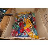 A box of playworn die cast vehicles, including Corgi, etc