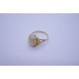 14K yellow gold ring with large Opal in four claw mount on Split floral shoulders, marked 58514, siz