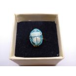 Antique faience Scarab beetle bead mounted 9ct gold ring on 4 claw mounts, marked 9ct, size O, appro