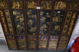 6 Chinese carved panels having gilt decoration of figures and animals, probably was a screen, 89cm w