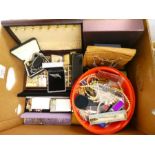 Box containing vintage and modern costume jewellery including jewellery box, earrings, etc