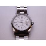 Rolex; a boxed gents Rolex stainless steel 36mm Oyster Perpetual Date with white dial, Roman numeral